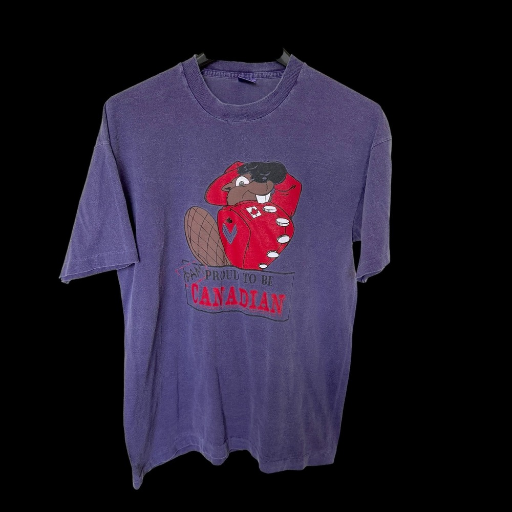90's Proud to be a Canadian Beaver T-Shirt Purple Single Stitch Large USA